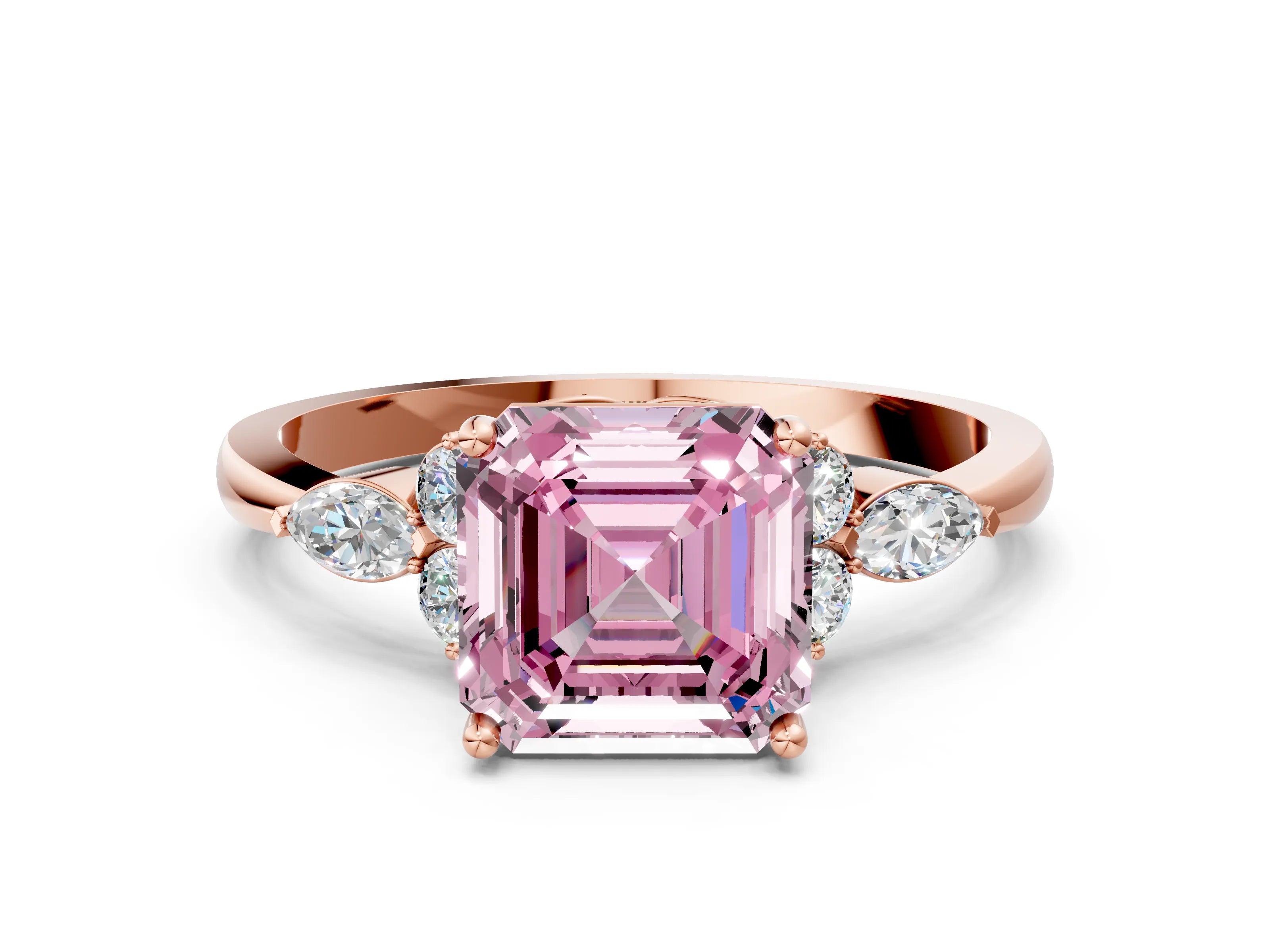 Rose gold Fancy Pink Asscher Cut Brilliant Diamond Solitaire Ring with Pear Side Stones and Four-Prong Setting_3