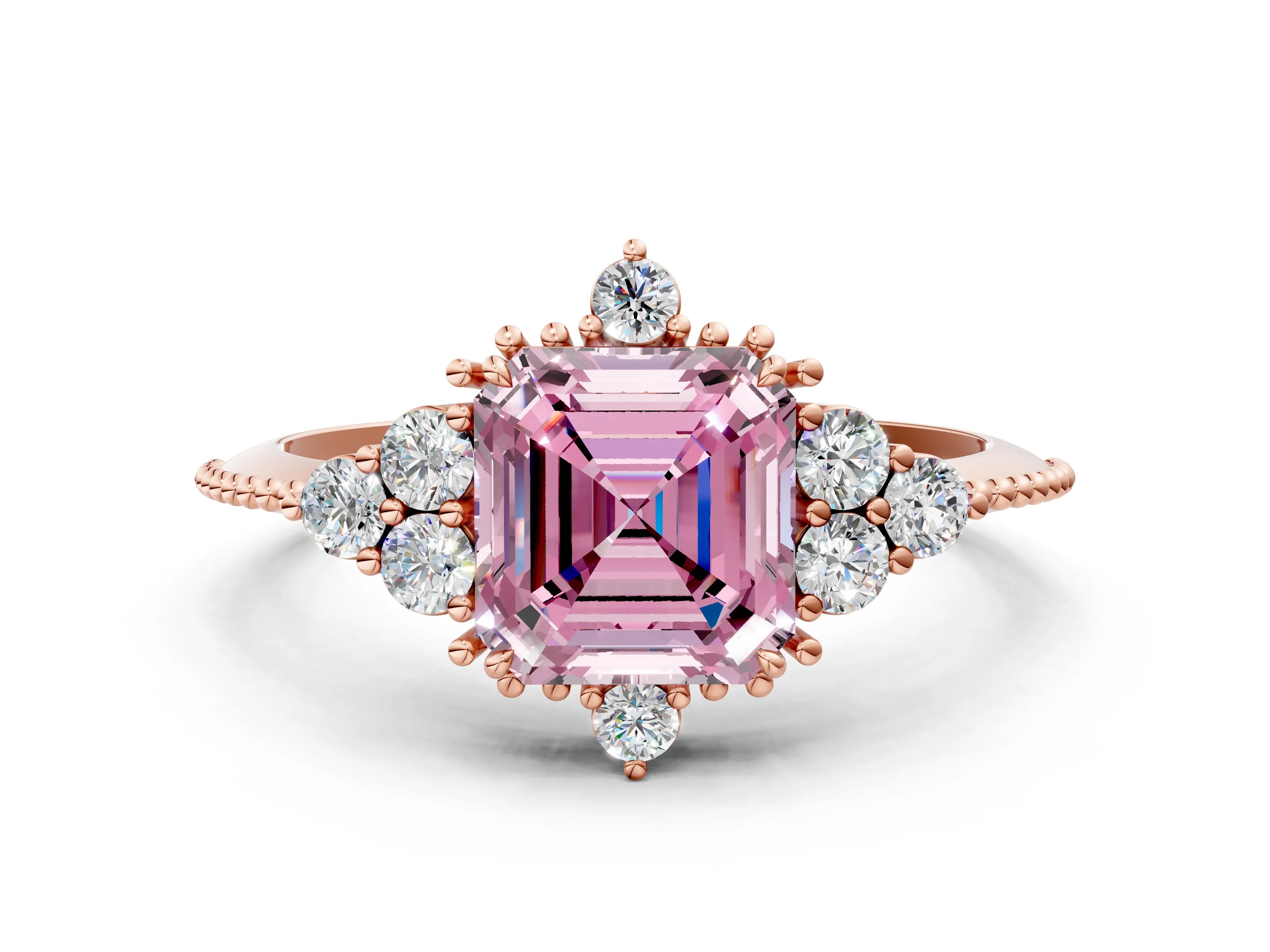 Rose gold Fancy Pink Asscher Cut Brilliant Diamond with Cluster Setting on a Beaded Band and Four-Prong Setting