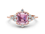 Rose gold Fancy Pink Asscher Cut Brilliant Diamond with Cluster Setting on a Beaded Band and Four-Prong Setting