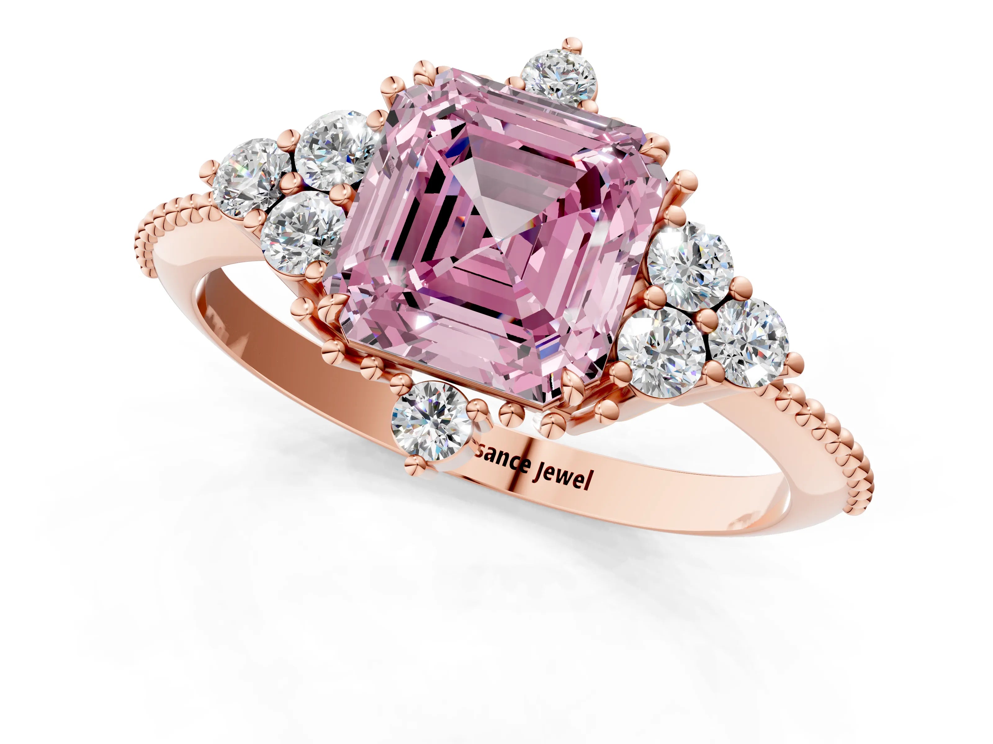 Rose gold Fancy Pink Asscher Cut Brilliant Diamond with Cluster Setting on a Beaded Band and Four-Prong Setting_1