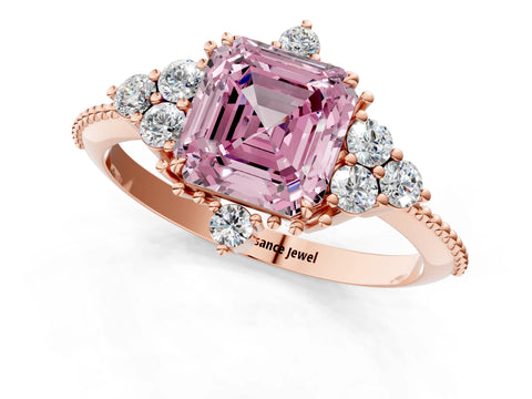Rose gold Fancy Pink Asscher Cut Brilliant Diamond with Cluster Setting on a Beaded Band and Four-Prong Setting_1