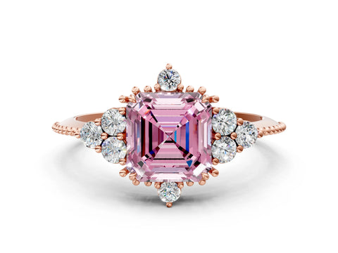 Rose gold Fancy Pink Asscher Cut Brilliant Diamond with Cluster Setting on a Beaded Band and Four-Prong Setting