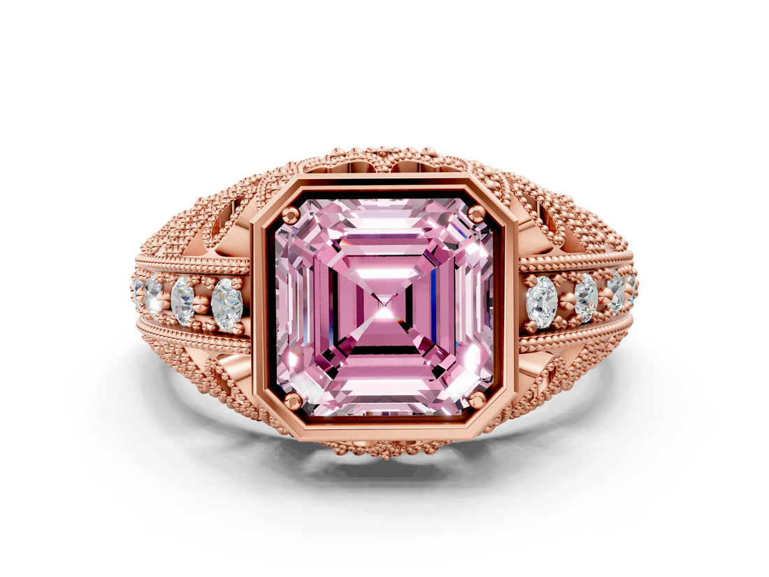 Rose gold Fancy Pink Asscher Cut Brilliant Milgrain Filigree Diamond Ring with Square Prong Setting