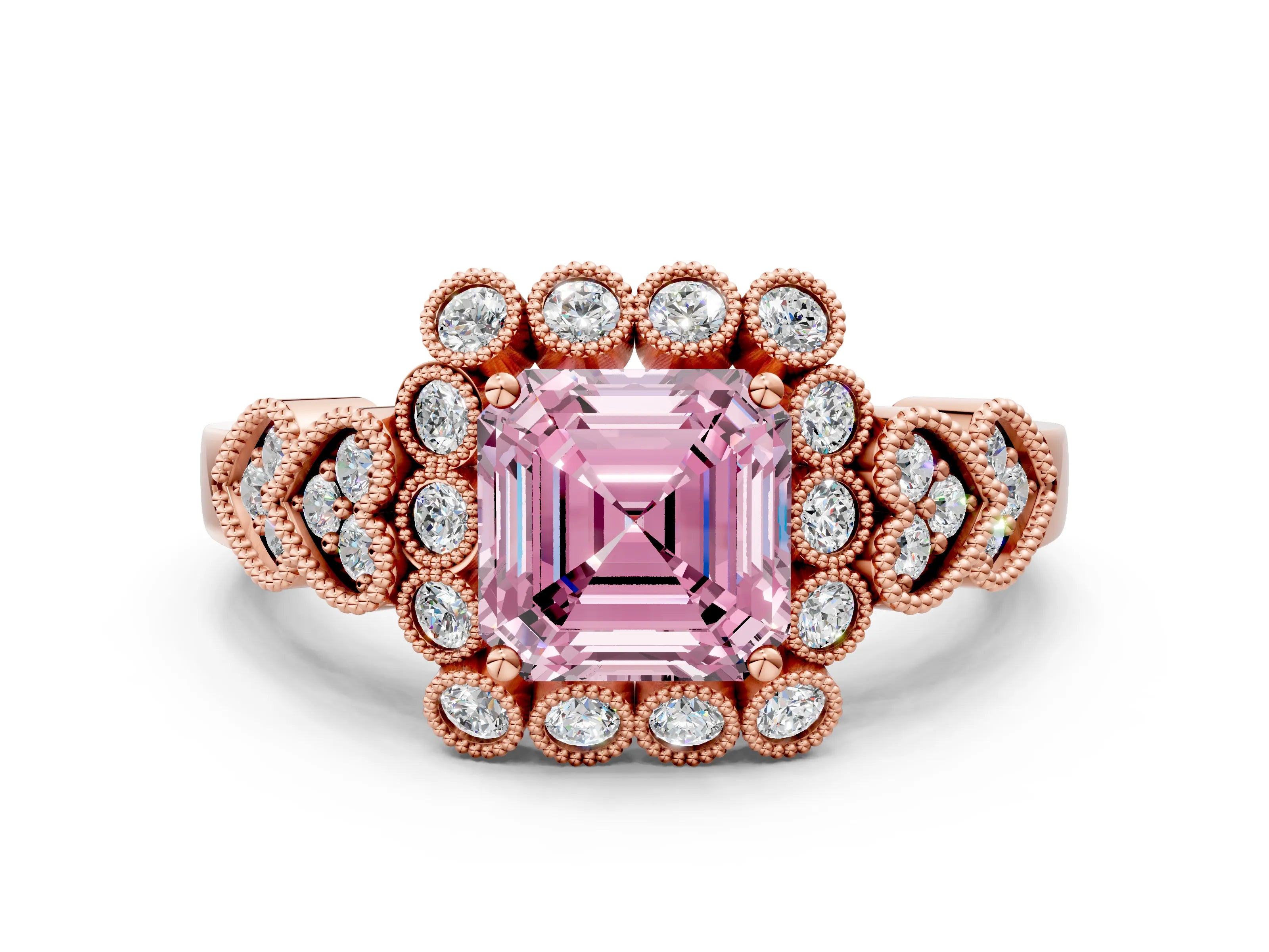 Rose gold Fancy Pink Asscher Cut Brilliant Milgrain Pave Heart Band Solitaire Ring