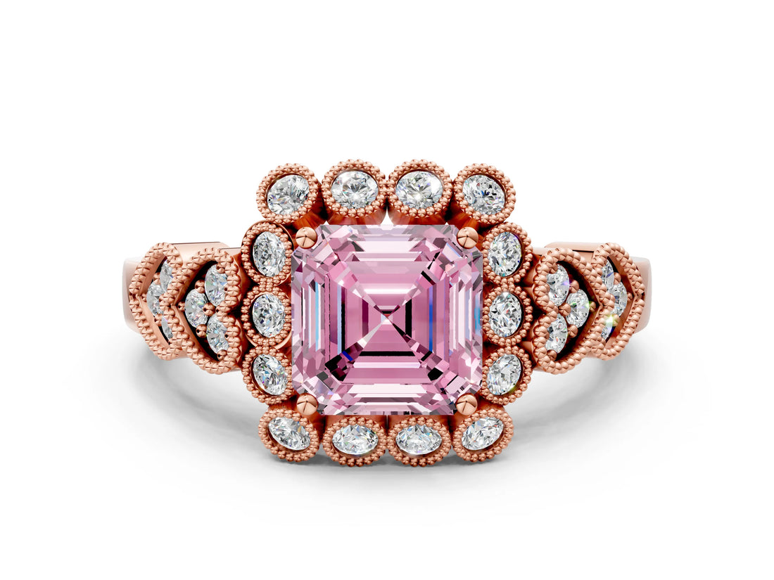Rose gold Fancy Pink Asscher Cut Brilliant Milgrain Pave Heart Band Solitaire Ring