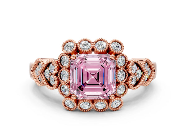 Rose Gold Asscher Cut Milgrain Halo Engagement Ring Setting for Fancy Pink Center