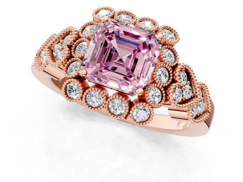 Rose gold Fancy Pink Asscher Cut Brilliant Milgrain Pave Heart Band Solitaire Ring_1