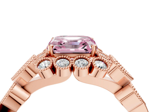 Rose gold Fancy Pink Asscher Cut Brilliant Milgrain Pave Heart Band Solitaire Ring_4