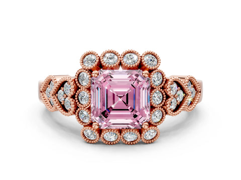 Rose gold Fancy Pink Asscher Cut Brilliant Milgrain Pave Heart Band Solitaire Ring