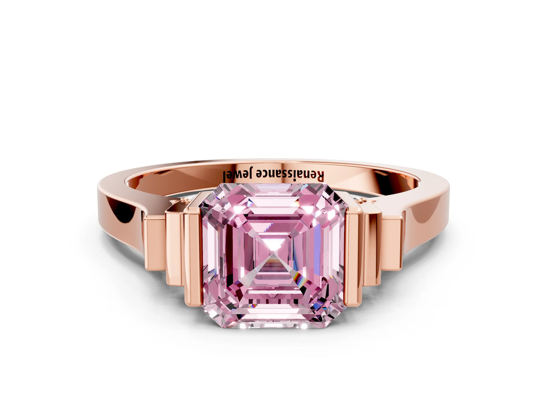 Rose gold Fancy Pink Asscher Cut Brilliant Solitaire Diamond Ring with Channel Set Band and Bar Prong Setting
