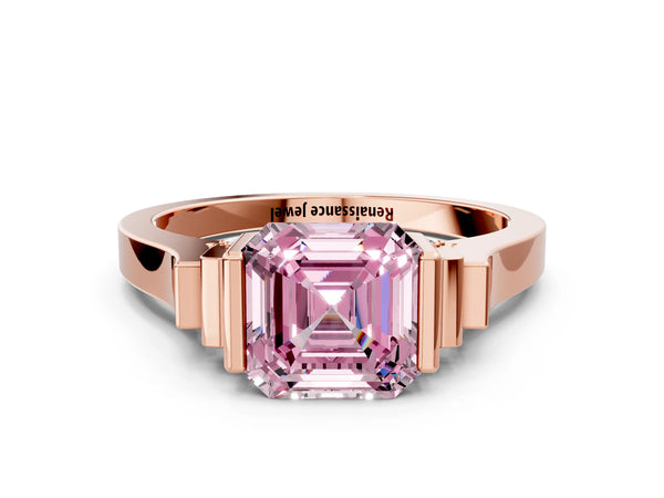 Rose gold Fancy Pink Asscher Cut Brilliant Solitaire Diamond Ring with Channel Set Band and Bar Prong Setting