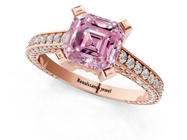 Rose gold Fancy Pink Asscher Cut Brilliant Split Shank Pave Solitaire Ring with Four-Prong Setting