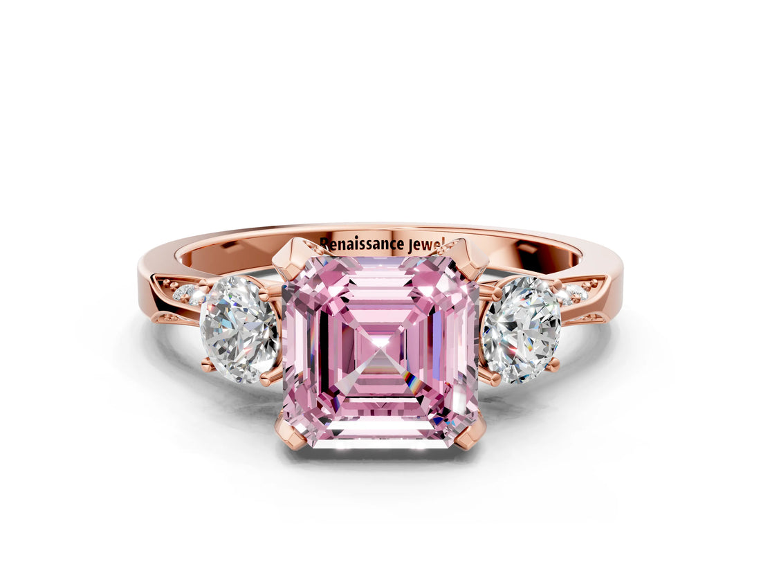 Rose gold Fancy Pink Asscher Cut Brilliant Three-Stone Diamond Ring with Pavé Band and Four-Prong Setting_3