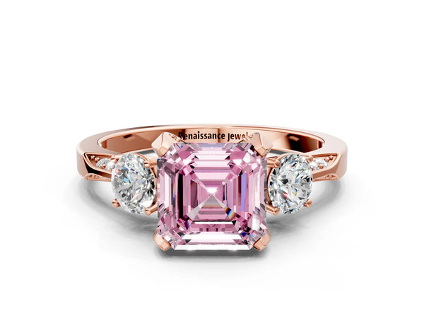Rose Gold Asscher Cut Three Stone Hidden Halo Engagement Ring Setting for Fancy Pink Center