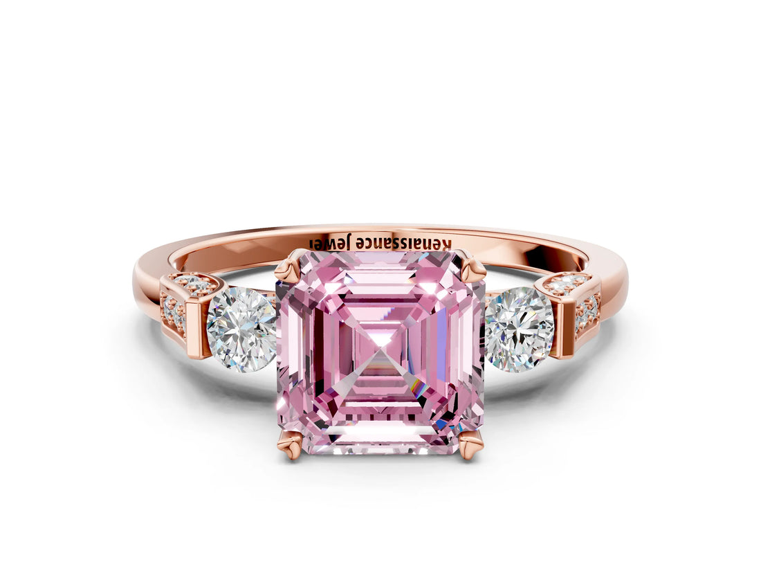 Rose gold Fancy Pink Asscher Cut Brilliant Three-Stone Pave Band with Four-Prong Setting