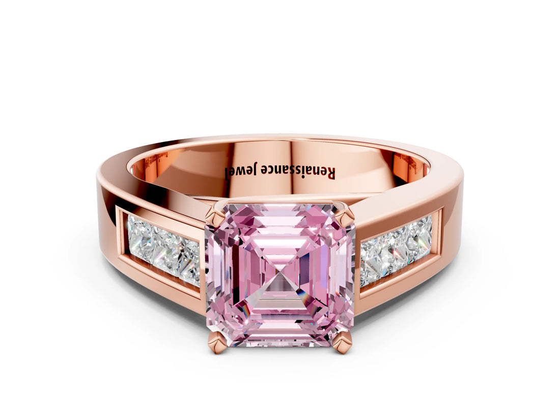 Rose gold Fancy Pink Asscher Cut Cut Channel Set Solitaire Ring with Four-Prong Setting