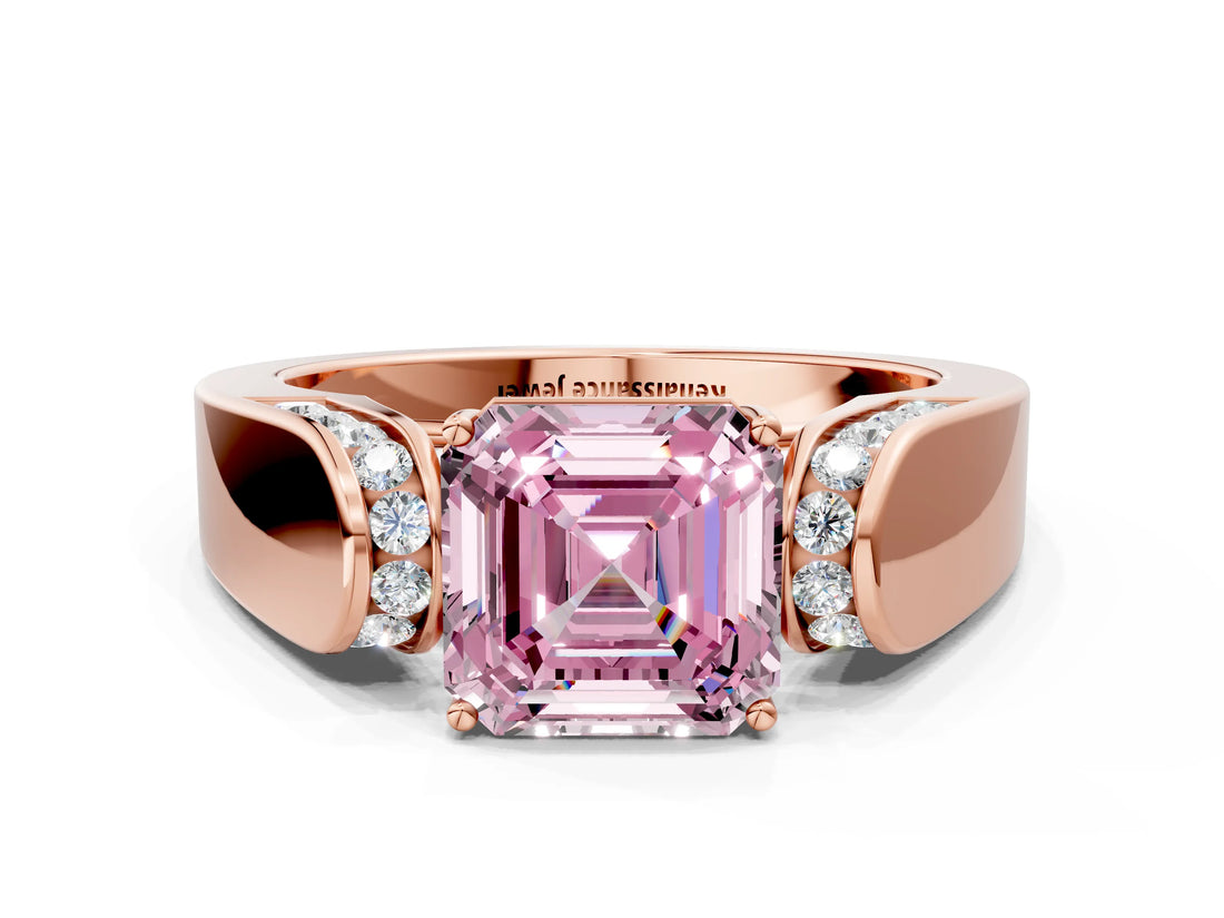 Rose gold Fancy Pink Asscher Cut Cut Diamond Channel Set Solitaire Ring with Four-Prong Setting