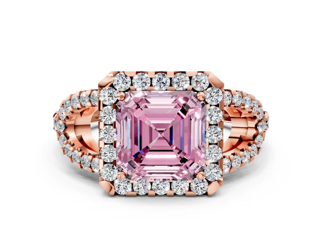 Rose gold Fancy Pink Asscher Cut Cut Diamond Halo Engagement Ring with Open Split Pavé Band