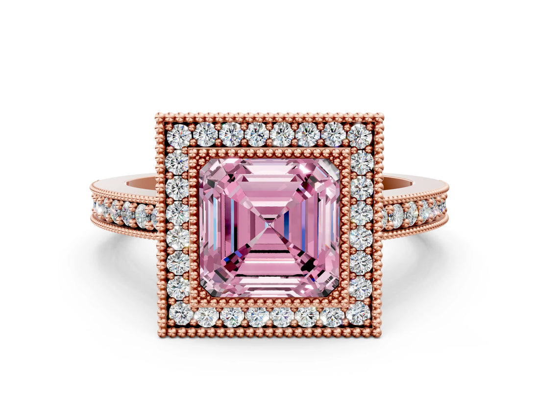 Rose gold Fancy Pink Asscher Cut-Cut Diamond Halo Engagement Ring with Pave Band and Prong Setting