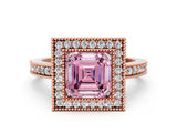 Rose gold Fancy Pink Asscher Cut-Cut Diamond Halo Engagement Ring with Pave Band and Prong Setting