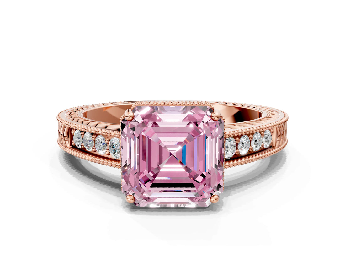Rose gold Fancy Pink Asscher Cut Cut Diamond Milgrain Pave Band Four-Prong Setting Ring_3