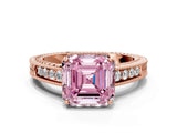Rose gold Fancy Pink Asscher Cut Cut Diamond Milgrain Pave Band Four-Prong Setting Ring_3