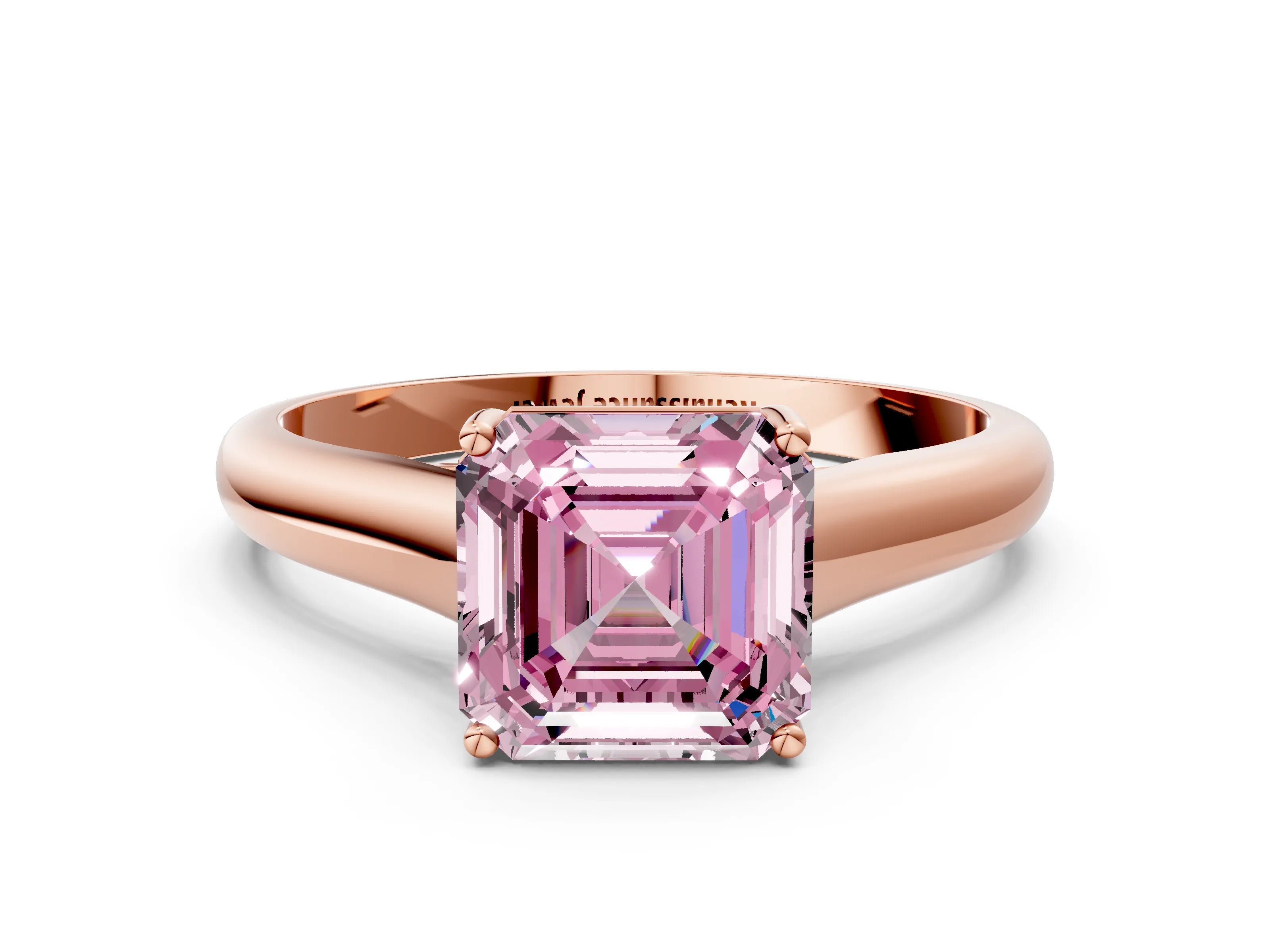 Rose gold Fancy Pink Asscher Cut Cut Diamond Solitaire Engagement Ring with Tapered Plain Band and Four-Prong Setting