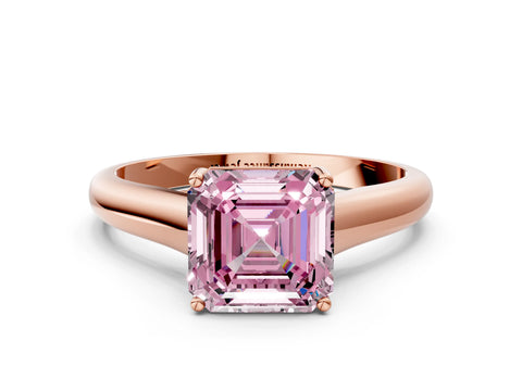 Rose gold Fancy Pink Asscher Cut Cut Diamond Solitaire Engagement Ring with Tapered Plain Band and Four-Prong Setting