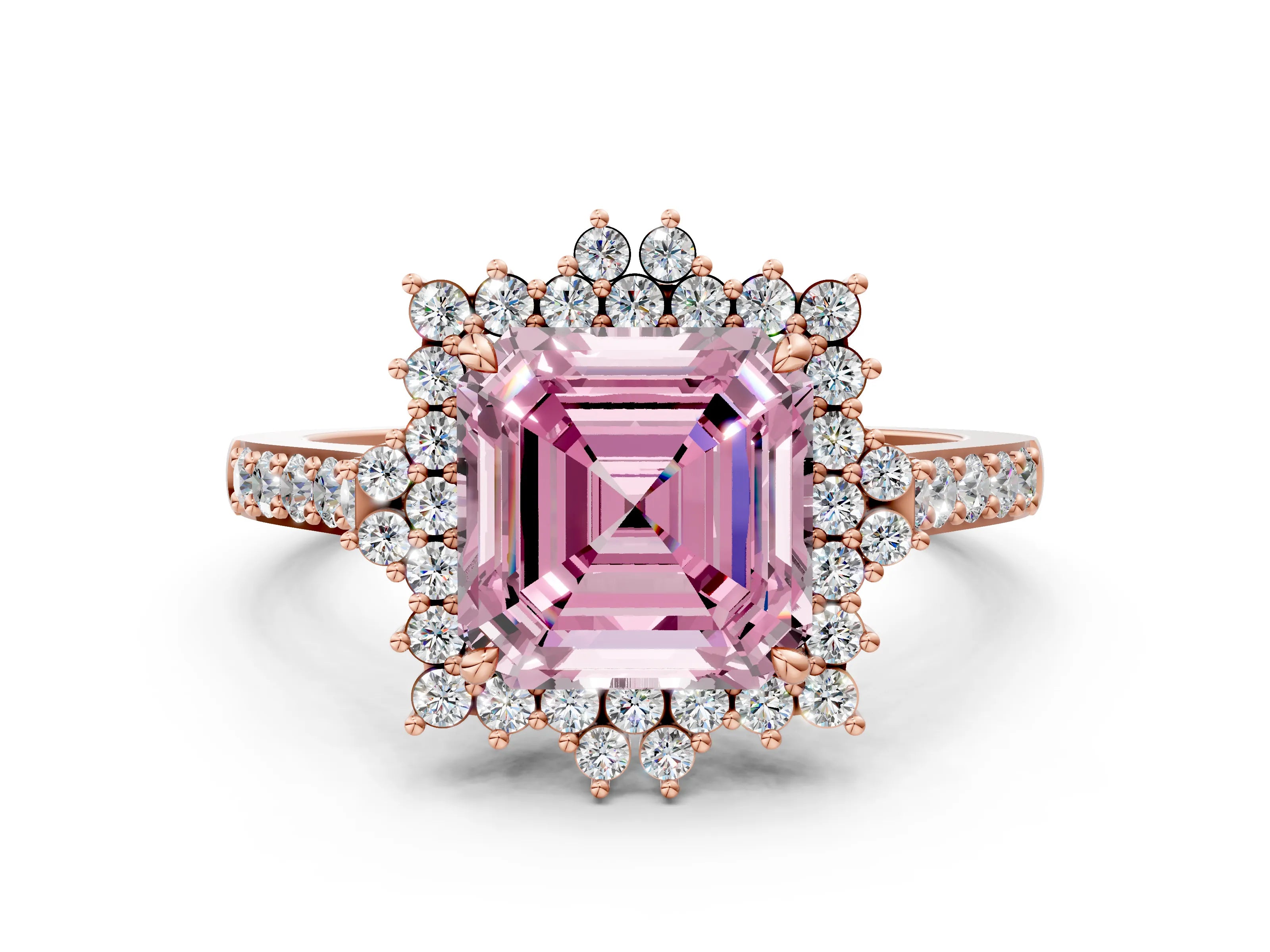 Rose gold Fancy Pink Asscher Cut Cut Diamond Sunburst Halo Engagement Ring with Pavé Band