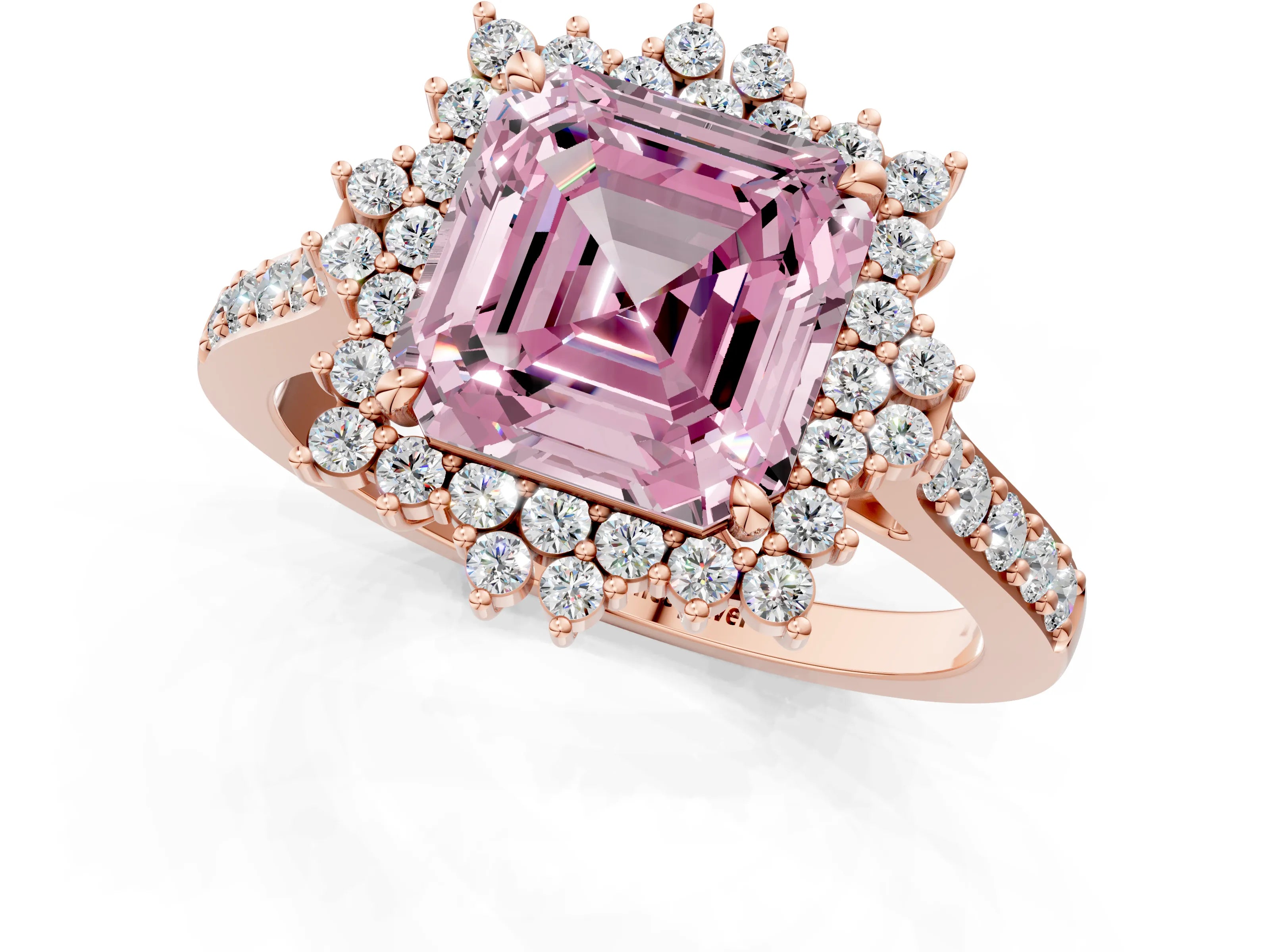 Rose gold Fancy Pink Asscher Cut Cut Diamond Sunburst Halo Engagement Ring with Pavé Band_1