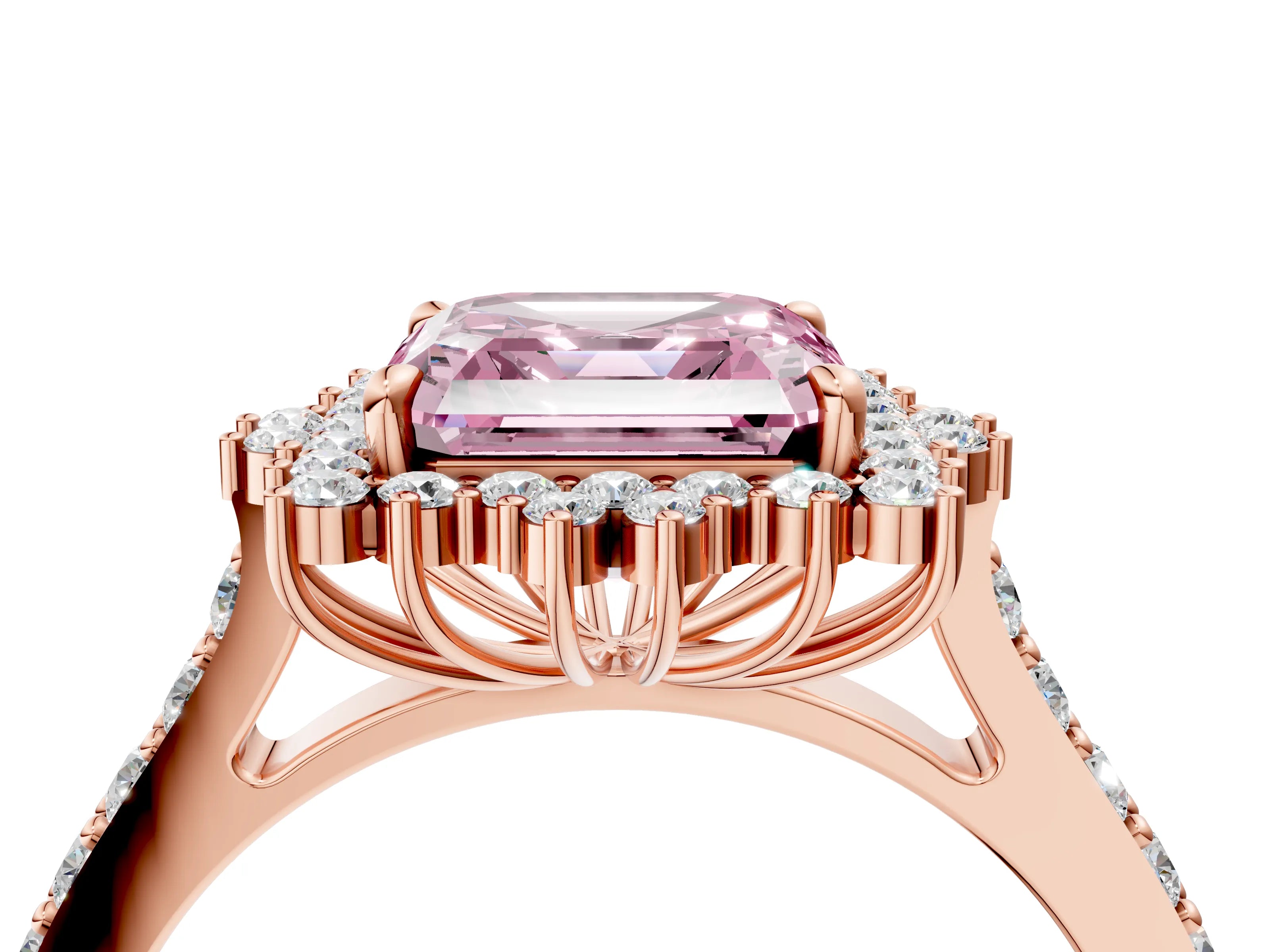 Rose gold Fancy Pink Asscher Cut Cut Diamond Sunburst Halo Engagement Ring with Pavé Band_4