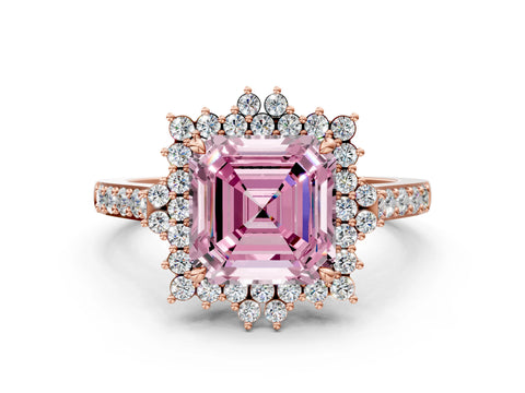 Rose gold Fancy Pink Asscher Cut Cut Diamond Sunburst Halo Engagement Ring with Pavé Band