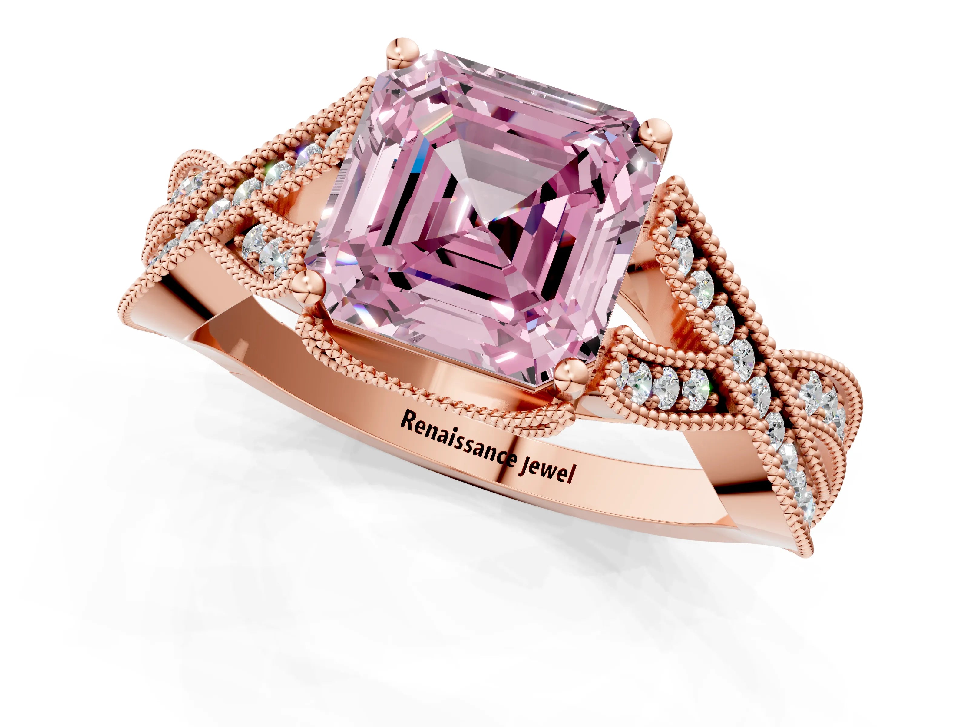 Rose gold Fancy Pink Asscher Cut Cut Diamond Twisted Band with Milgrain Pave Setting and Four-Prong Setting_1