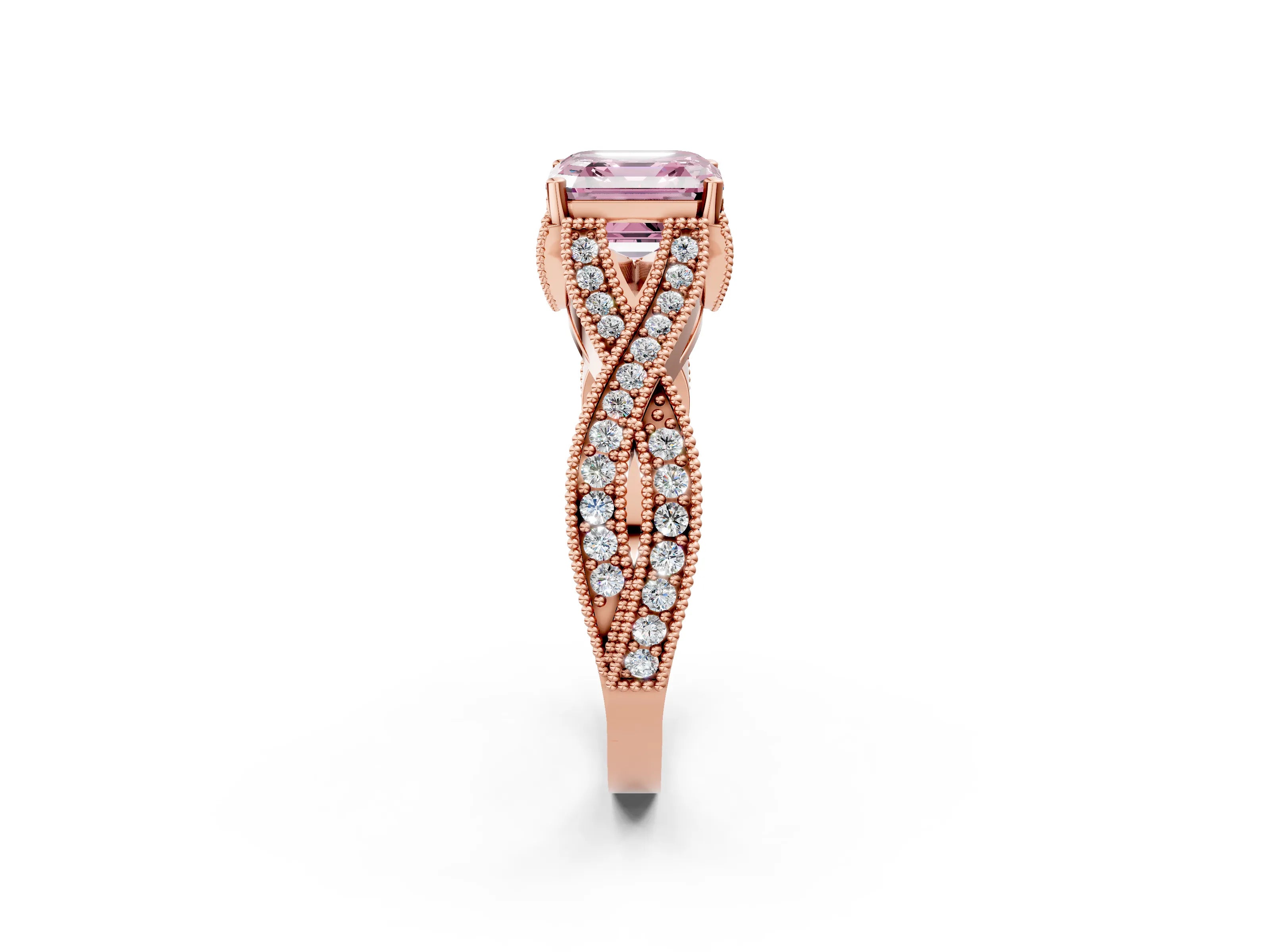 Rose gold Fancy Pink Asscher Cut Cut Diamond Twisted Band with Milgrain Pave Setting and Four-Prong Setting_2