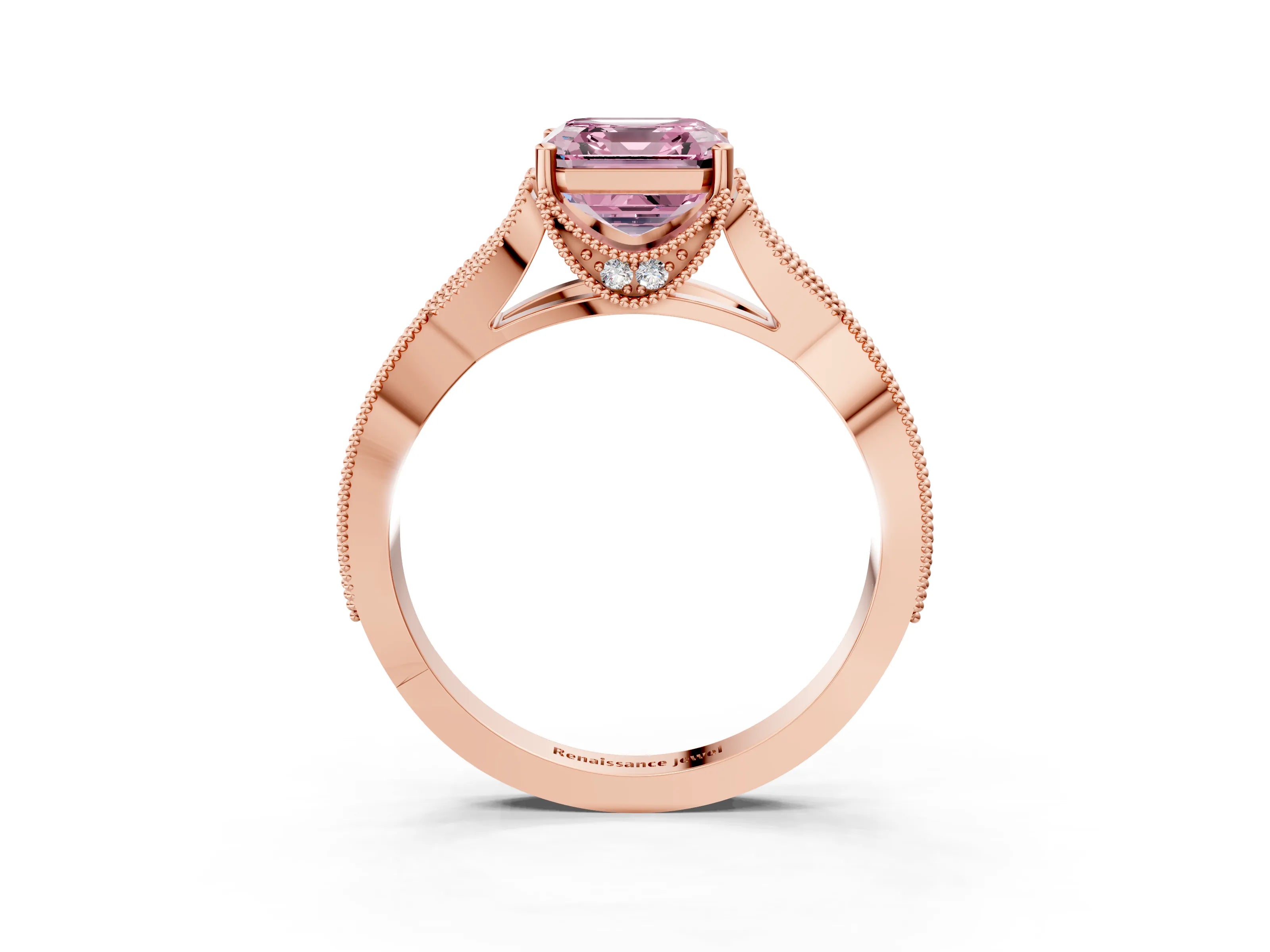Rose gold Fancy Pink Asscher Cut Cut Diamond Twisted Band with Milgrain Pave Setting and Four-Prong Setting_3