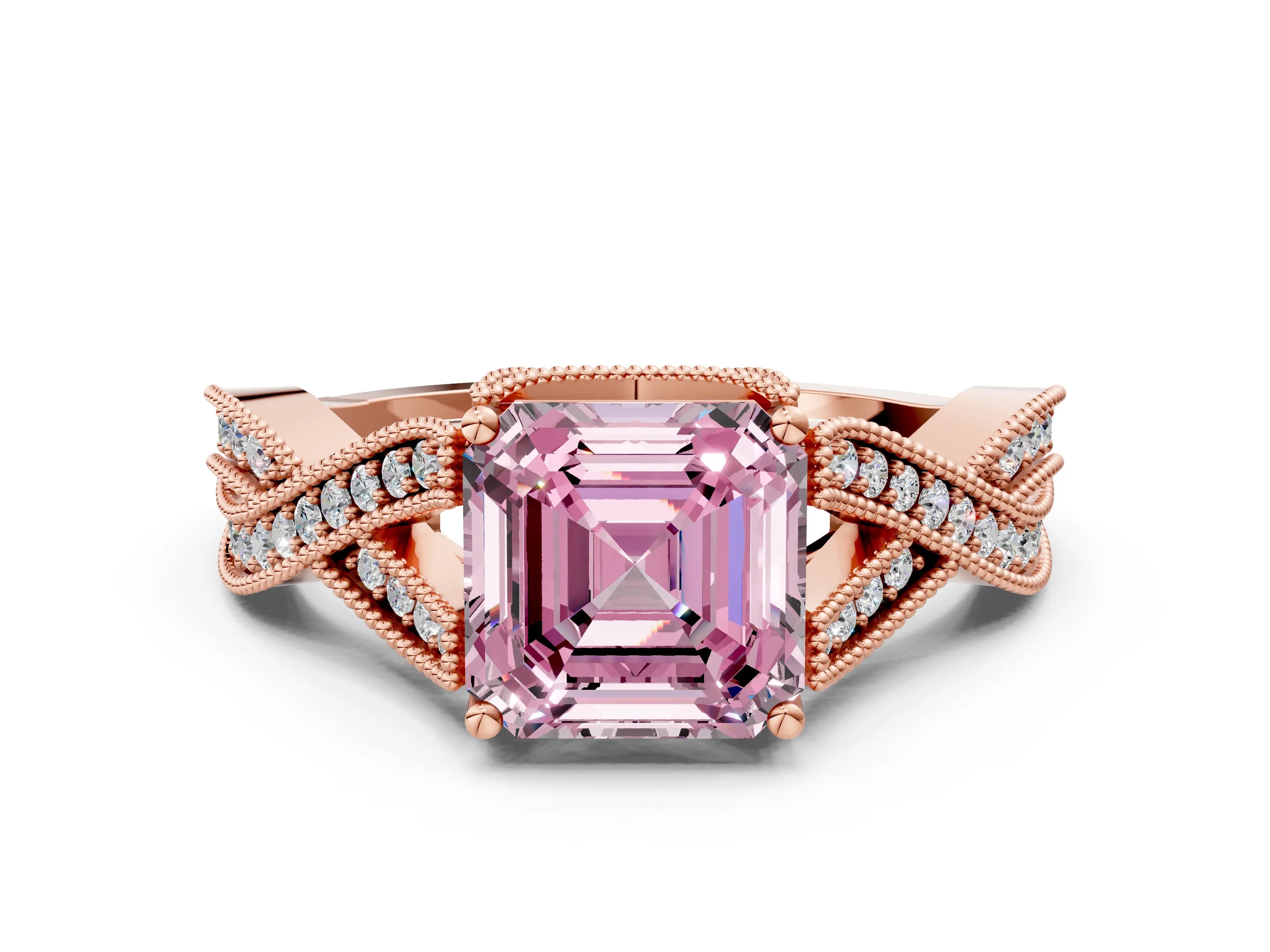 Rose gold Fancy Pink Asscher Cut Cut Diamond Twisted Band with Milgrain Pave Setting and Four-Prong Setting