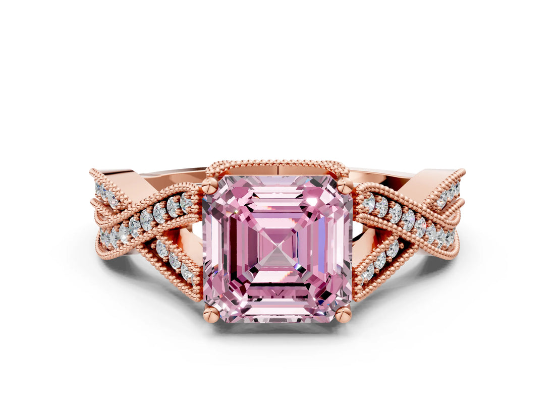 Rose gold Fancy Pink Asscher Cut Cut Diamond Twisted Band with Milgrain Pave Setting and Four-Prong Setting