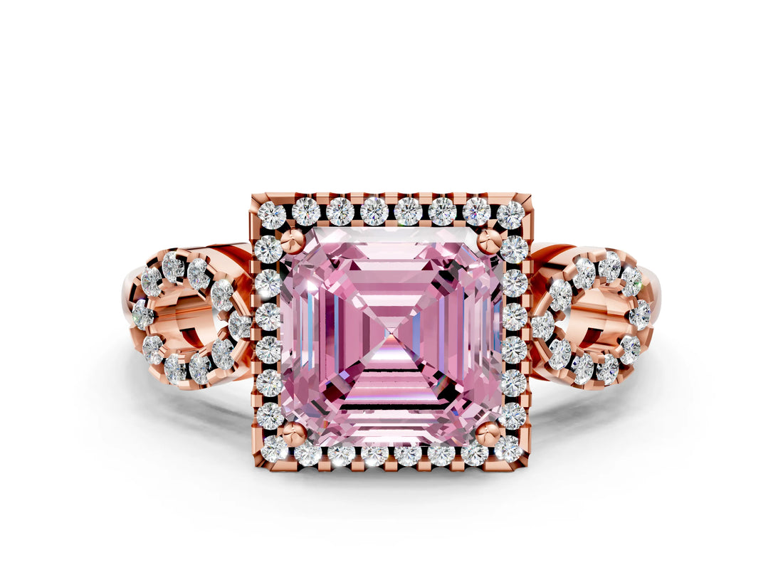 Rose gold Fancy Pink Asscher Cut Cut Halo Diamond Infinity Band with Four-Prong Setting