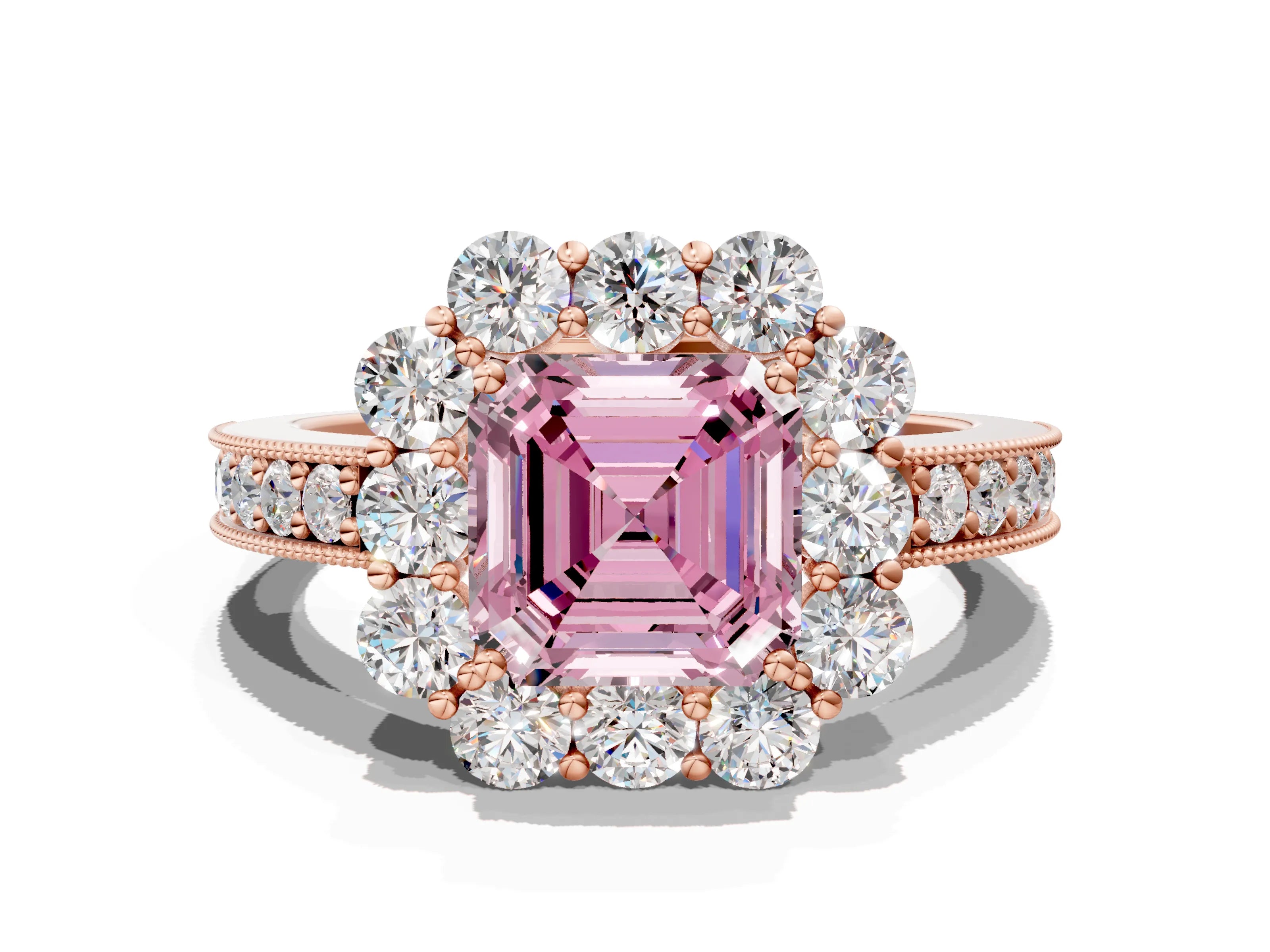 Rose gold Fancy Pink Asscher Cut Cut Halo Diamond Pavé Engagement Ring with Milgrain Detailing