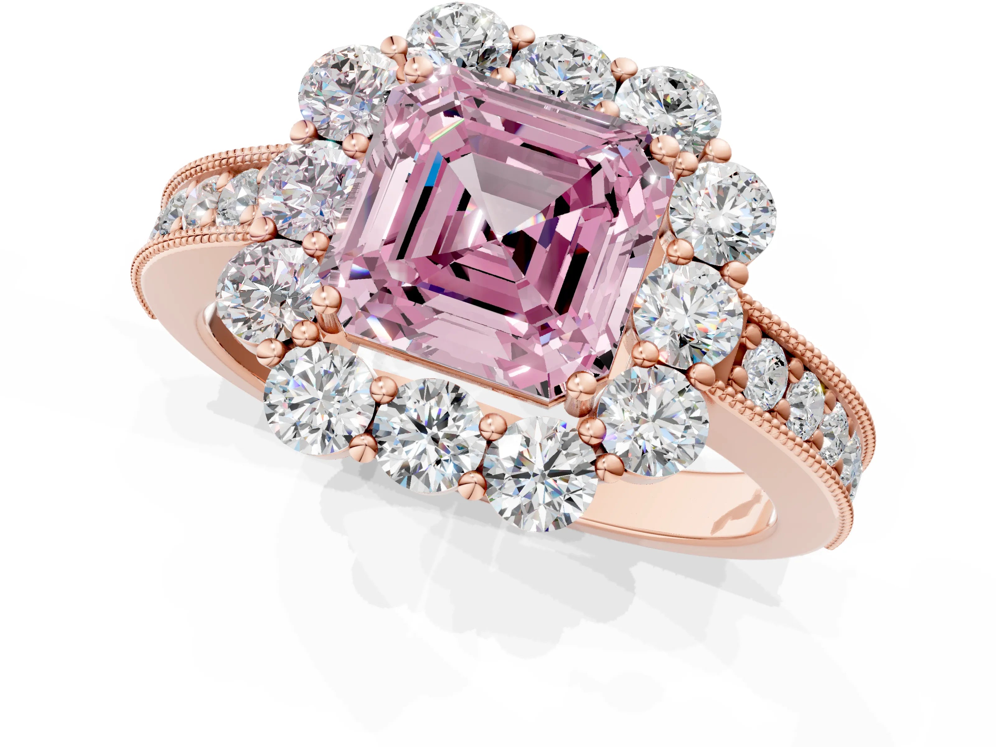 Rose gold Fancy Pink Asscher Cut Cut Halo Diamond Pavé Engagement Ring with Milgrain Detailing_1