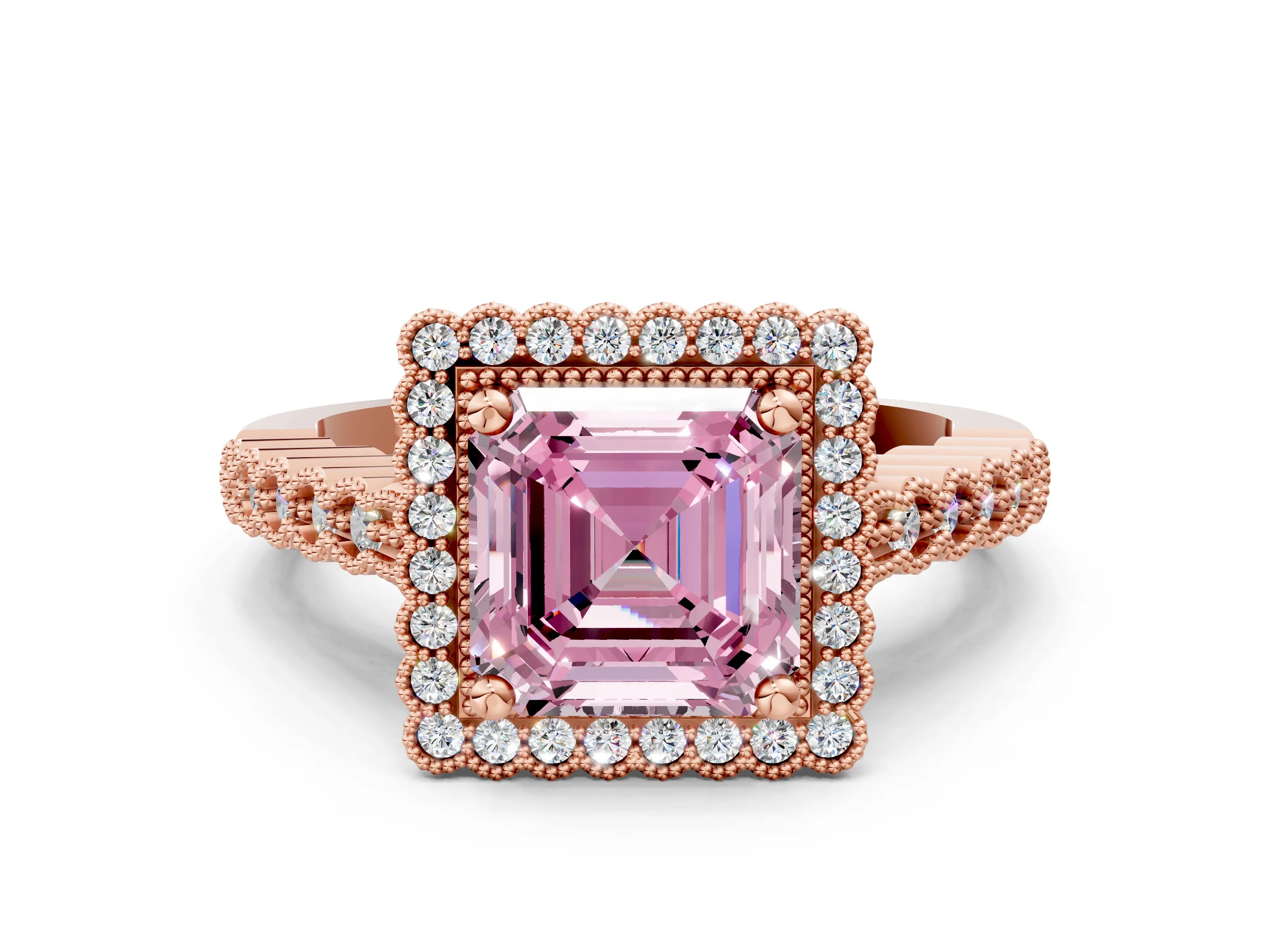 Rose gold Fancy Pink Asscher Cut Cut Halo Pavé Solitaire Ring with Milgrain Band