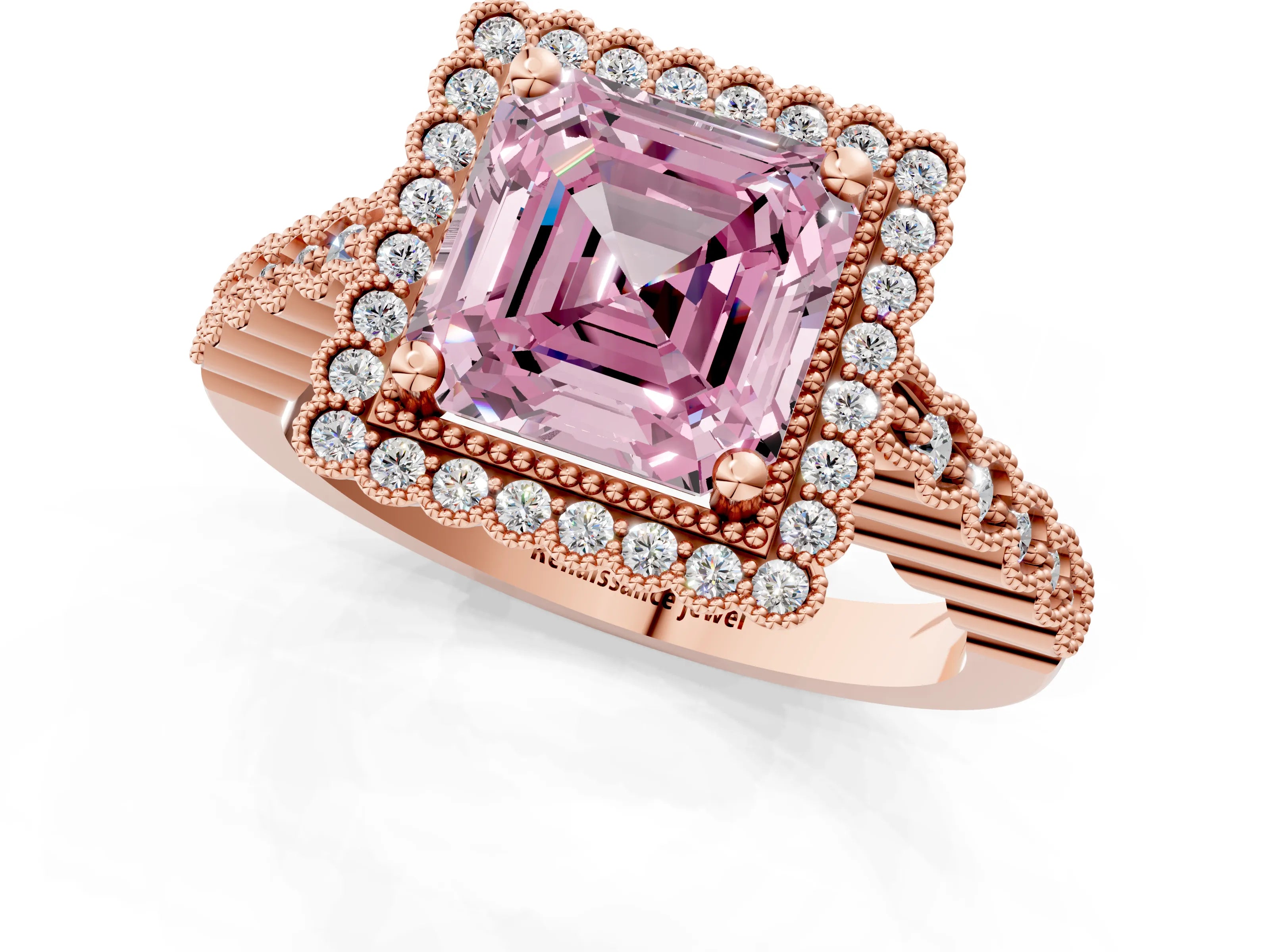 Rose gold Fancy Pink Asscher Cut Cut Halo Pavé Solitaire Ring with Milgrain Band_1