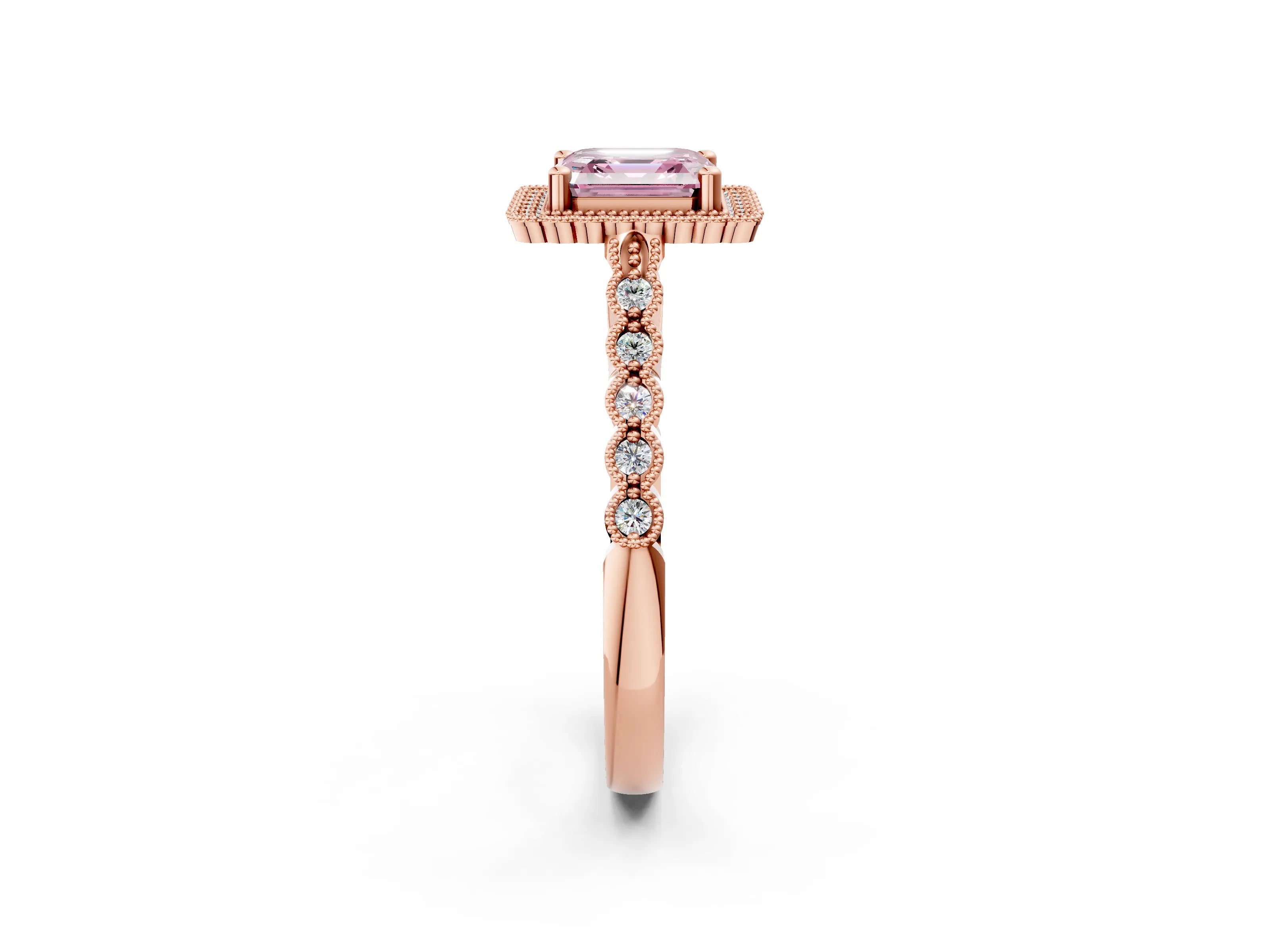 Rose gold Fancy Pink Asscher Cut Cut Halo Pavé Solitaire Ring with Milgrain Band_2