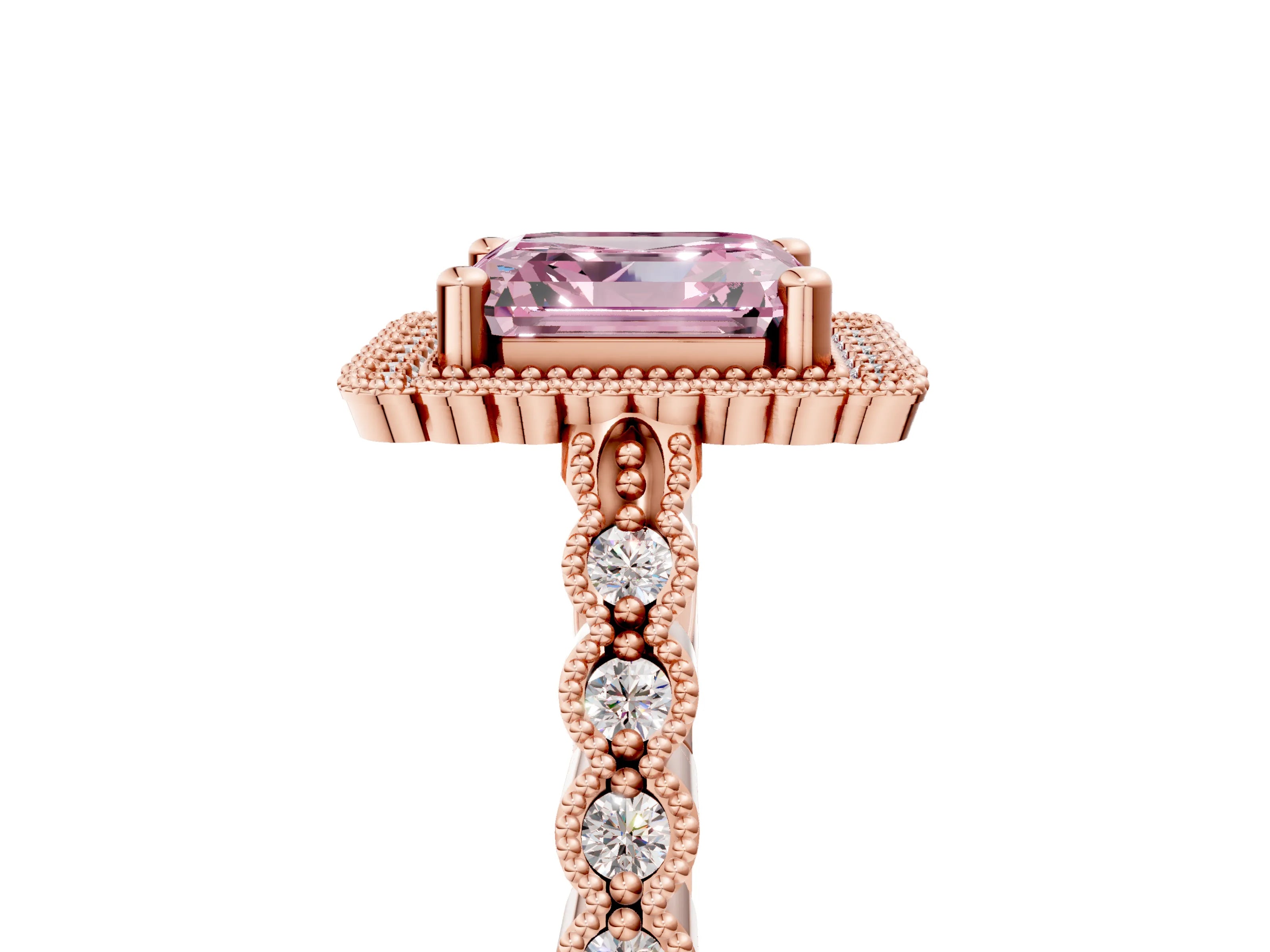 Rose gold Fancy Pink Asscher Cut Cut Halo Pavé Solitaire Ring with Milgrain Band_5