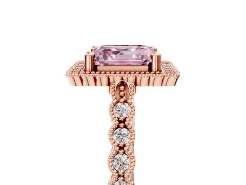 Rose gold Fancy Pink Asscher Cut Cut Halo Pavé Solitaire Ring with Milgrain Band_5
