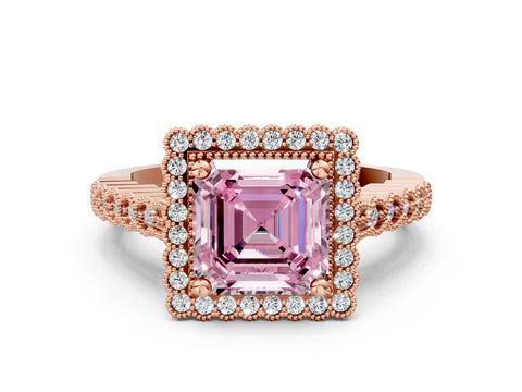 Rose gold Fancy Pink Asscher Cut Cut Halo Pavé Solitaire Ring with Milgrain Band