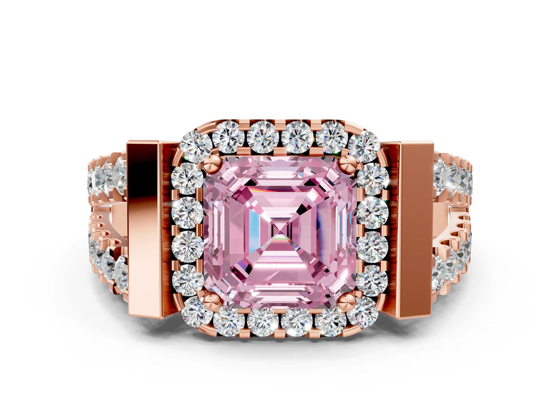 Rose gold Fancy Pink Asscher Cut Cut Halo Split Shank Prong Set Ring