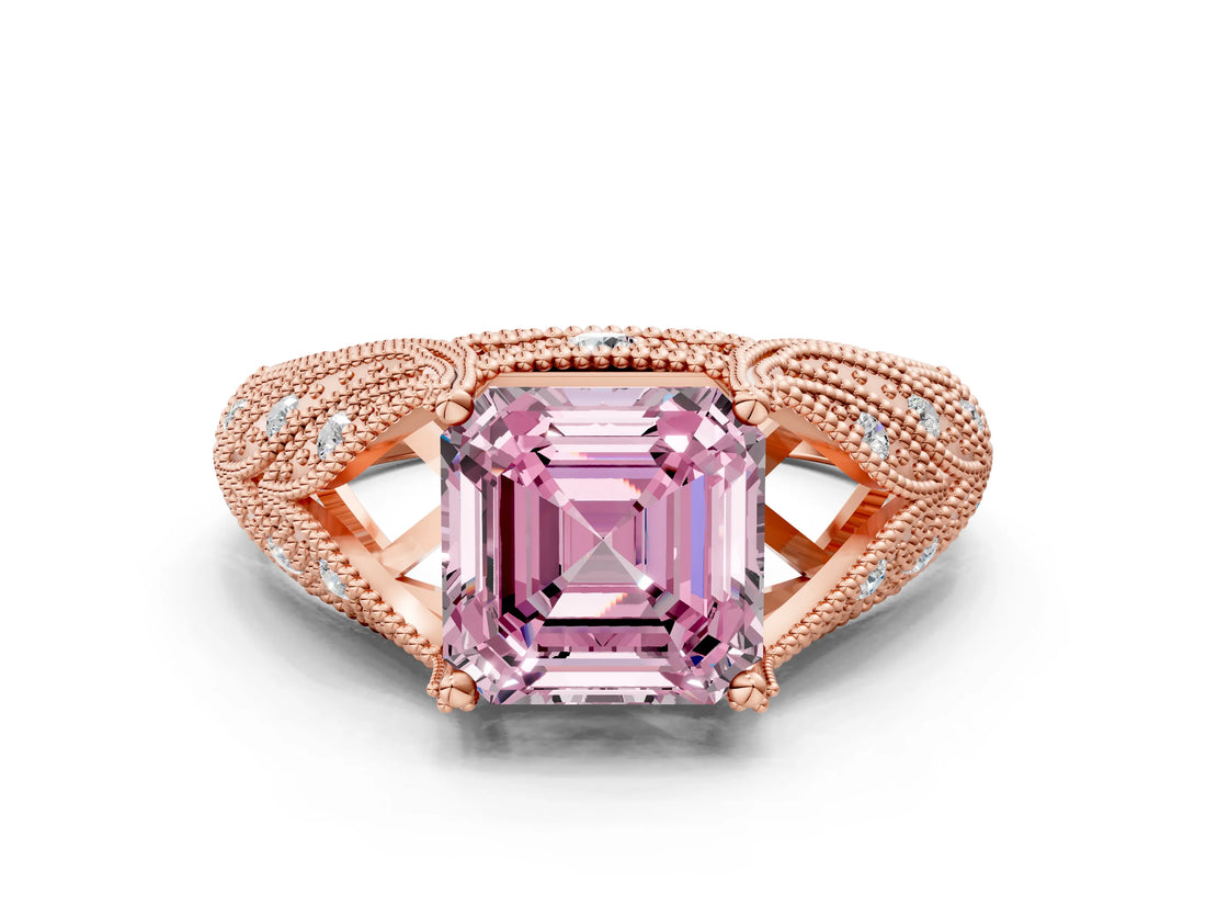 Rose gold Fancy Pink Asscher Cut Cut Milgrain Pave Diamond Engagement Ring with Four-Prong Setting_15