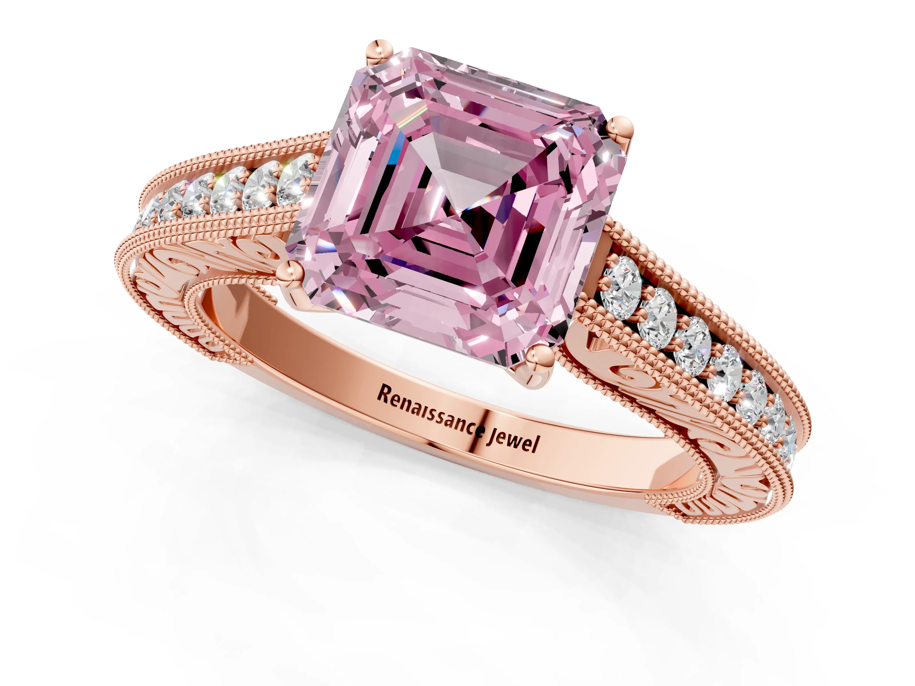 Rose gold Fancy Pink Asscher Cut Cut Pave Band Milgrain Solitaire Ring_1