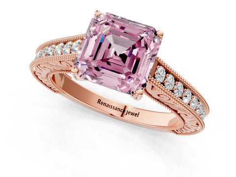 Rose gold Fancy Pink Asscher Cut Cut Pave Band Milgrain Solitaire Ring_1